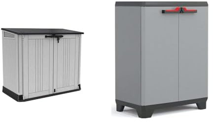 Keter Store It Out Nova Outdoor Garden Furniture Storage Shed Light Grey with Dark Grey Lid & Stilo Low Indoor Garage Utility Multi purpose Cabinet - Grey/Black/Red