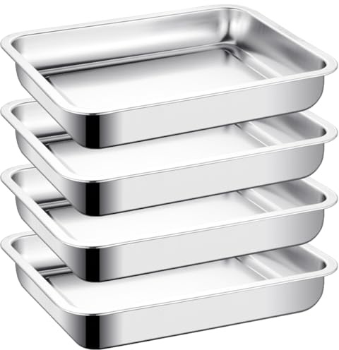 LOPYXBR 4 Stück Backblech Edelstahl, 27x20x4,8 cm Auflaufform Edelstahl, Rechteckig Auflaufform Ofenblech, Baking Tray für Backen/Braten/Servieren