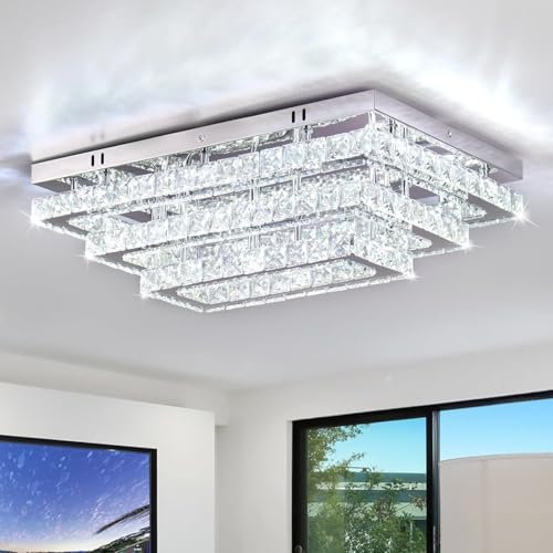 Finktonglan Moderne Kristall LED Deckenleuchte 50 cm Rechteckige Flush Mount Kronleuchter 3-Tiers Edelstahl Deckenleuchten für Wohnzimmer Esszimmer (6500K Kaltweiß)