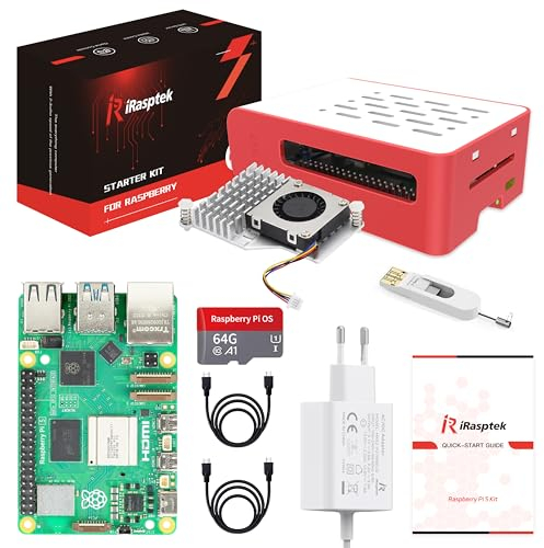iRasptek Raspberry Pi 5 8GB RAM Starter Kit - Edizione OS-Bookworm da 64GB preinstallata(Custodia rosse e bianca)