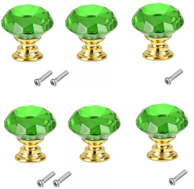 Crystal Drawer Knobs from Hotooldo -30mm Gold Base Glass Drawer Knobs Crystal Door Handles Diamond Shaped Pulls with Screw for Home Kitchen Office Chest Cabinet Drawer,6Pcs Green-Gold Base