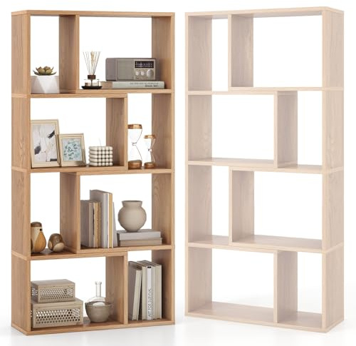 HOMASIS Bücherregal mit 8 Fächern, Standregal mit 4 Ebenen, Würfelregal Holz mit offenen Ablagen, Regal Büroregal geometrisch, Aufbewahrungsregal für Wohnzimmer Arbeitszimmer, 60x20x120cm (Natur)