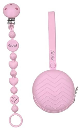 Portaciuccio, Portasucchietto IN SILICONE, Catenella portaciuccio personalizzata con nome BUBBLE ROSA CHIARO BABYJART, lavabile, sicura per il bambino, compatibile con ciuccio MAM e CHICCO!
