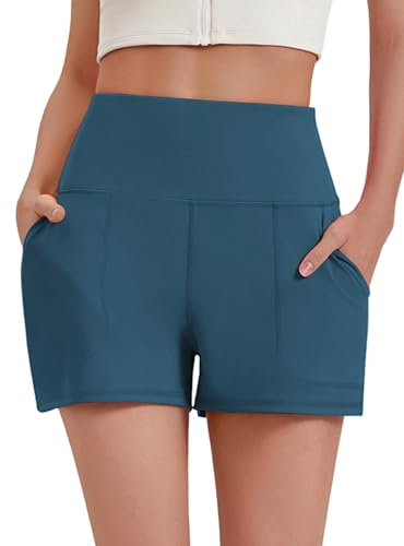 PINSPARK Gym Shorts Damen Laufshorts Hohe Taille Sport Hose Sportshorts Running Sporthose Bauchkontrolle Fitness Yoga Hosen Sommer Sport Shorts Weites Bein Jogginghose mit 2 Handytasche Dunkelblau M