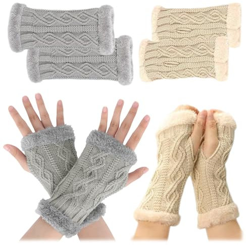 2 Paar Fingerlose Handschuhe Für Damen Warme,Fingerlose Handschuhe Damen Winter Warme,Winter Handschuhe Fingerlose,Geeignet für Winterradfahren, Laufen, Arbeiten usw (hellgrau + beige).