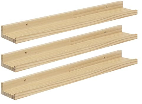 eSituro Lot de 3 Étagère Murale Bois, Étagère Murale, Tablette Murale, Étagère Flottante Murale, avec Bord de Protection, pour Chambre, Salon, Cuisine, Entrée, Couleur Bois Naturel, L60xP10xH4cm