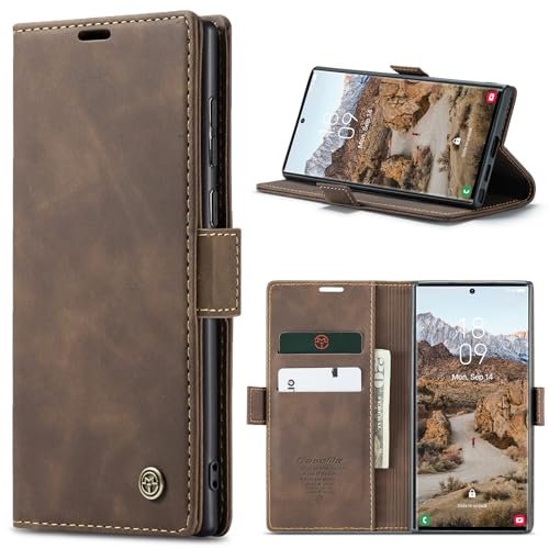 Azororo Coque pour Samsung Galaxy S24 Ultra 5G Premium Housse Cuir Protection Pochette Rabat Portefeuille Flip Case Porte Magnétique Coque Étui pour Samsung Galaxy S24 Ultra, Café