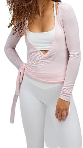 Women's Y2k Ballet Wrap Top Long Sleeve Deep V Neck Slim Fit Yoga Pilates Ballet Workout Tops (A-Pink, S)