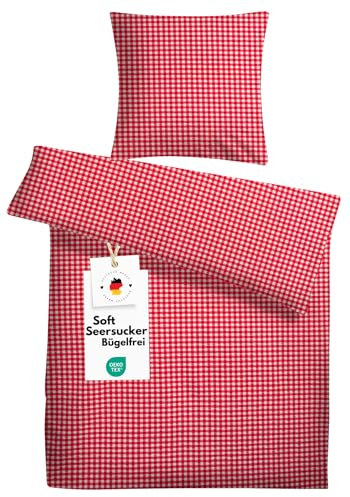 Carpe Sonno Seersucker Bettwäsche 155x220 Baumwolle | Sommer Bettwäsche kariert Bettbezug 155x220 | Kühlende Sommerbettwäsche Bügelfreie Bettwäsche-Sets | Rot Weiße Bettwäsche Baumwolle 155 x 220
