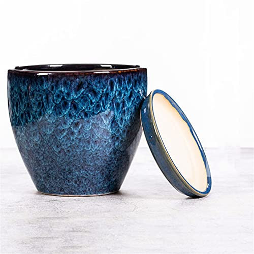 LAUMZX Pot de fleurs moderne en céramique émaillée réactive avec trou de drainage et soucoupe, bleu foncé, décoratif, pour plantes d'intérieur/extérieur, succulentes, herbes aromatiques et petits arbr