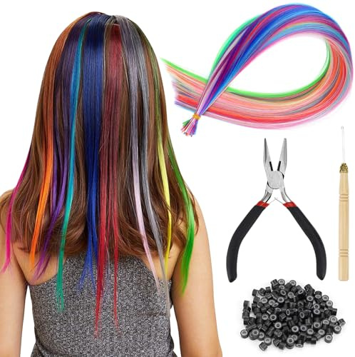 Bunte Haarsträhnen Kinder 50 Stück Haarsträhnen zum Einklipsen | Bunte Haarverlängerung zum Einklipsen | Sicherer Haarschmuck |Für Mädchen zum Einflechten bei Geburtstag und Party