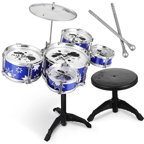 LRXIYODE Kit de Batterie Jazz pour Garçon et Filles 21 Ensemble de Tambours avec Tabouret Jouets Musicaux Éducatifs pour Tout-Petits Développement Créativité Compétences Musicales