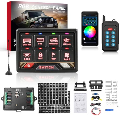 Chelhead Pannello interruttori RGB 8 vie, telecomando 70 m con app Bluetooth, flash momentaneo stroboscopico, pannello interruttori 12 V impermeabile IP65, retroilluminato