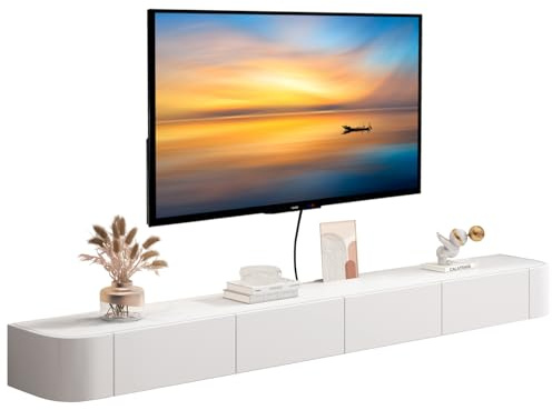 MWIDCIEW Fully Assembled Wall Mounted White Floating TV Unit Stand 200cm | Floating TV Cabinet With Upgraded Storage, Modern Tv Media Console for Living Room, Wall Mounted Tv Shelves for 40-100 tv