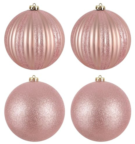Mr Crimbo XL Christmas Baubles Set of 4 – 15cm Shatterproof Ornaments with Ribbed Matt & Glitter Finish, Hanging Strings Included – For Large Trees & Festive Displays - Pink