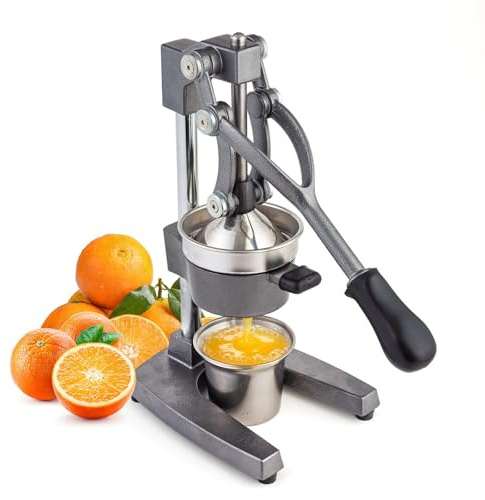 BAMBROX Manuelle Saftpresse aus Gusseisen, graue Zitronen-Zitruspresse | Abnehmbarer Kegel, Edelstahlbecher, extrahiert Saft aus Zitronen, Orangen und Grapefruits, leicht zu reinigen