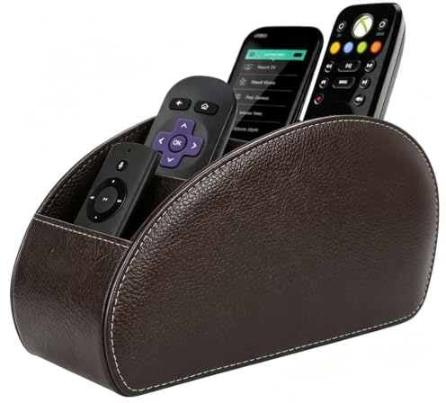 Lepat 5 Compartment PU Leather Desktop Organiser, Remote Control Holder Storage Caddy for TV Heater Media Player Office Supplies Makeup Brushes (Brown)