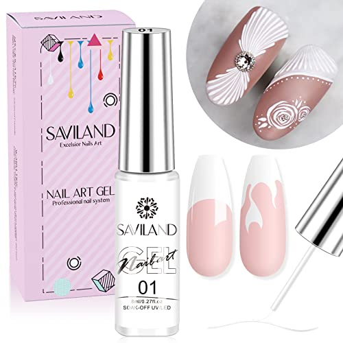 SAVILAND White Gel Nail Polish Lliner, 8g French Tip Gel Polish for Nailart | Gel Liner Basic Color, Soak Off U V LED French Manicure, Swirl Nails for Starter, French Nail Art Design Nail Salon Home DIY