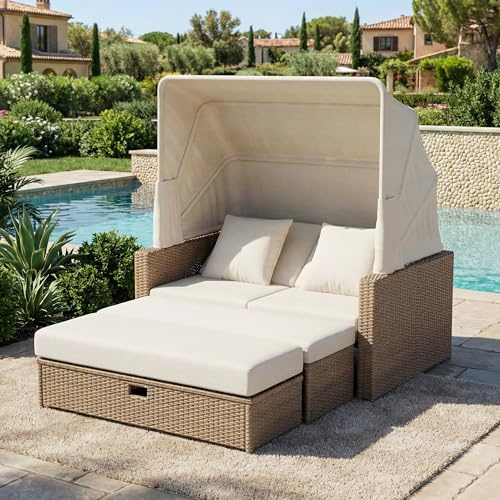 Merax Polyrattan Gartenmöbel Set 2-4 Personen mit Dach, Gartenlounge Sofa mit Liegefunktion, Balkonmöbel, Loungeset Outdoor mit Sonnendach & Kissen, Rattan Lounge Terrasse Khaki