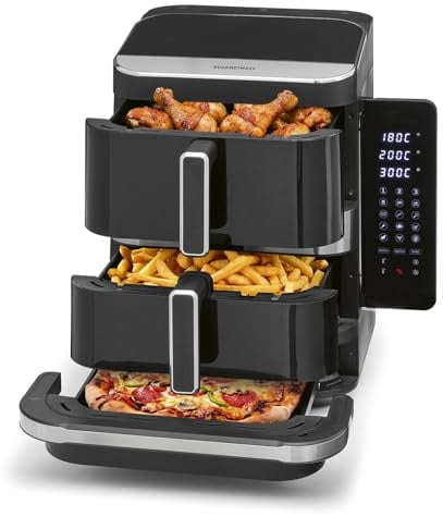 GOURMETmaxx FryUp3 Vertikale Heißluftfritteuse 3 Kammern | Airfryer XXL PFAS-frei | Heissluftfritteuse XXL 12,4L + Ofenschublade für Pizza etc | Air Fryer Heißluftfriteuse SuperClear-LED-Touchdisplay