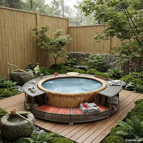 QUAHEAS Cadre de bain à remous en polyrotin gris avec espace de rangement intégré, cadre en acier revêtu par pulvérisation, bois dur d'eucalyptus tropical, diamètre extérieur de 283 cm, pour jacuzzi