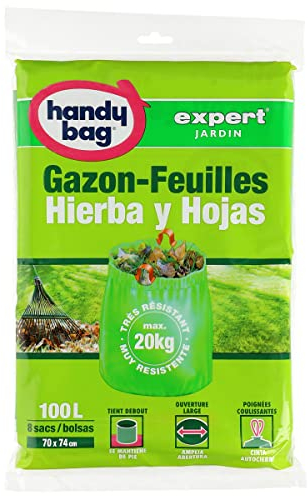 Handy Bag 1 Rouleau de 8 Sacs 100 L, Pour Gazon-Feuilles, Poignées Coulissantes, Très résistant, Ouverture Large, 70 x 74 cm, Vert
