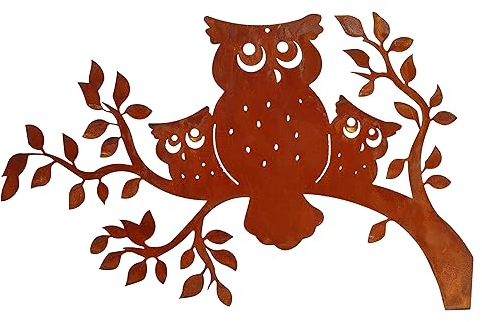 Rostikal Metall Deko Eulen auf AST 50 x 30 cm Fensterdeko hängend Edelrost Gartendeko Figuren Eule