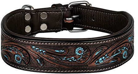 MICHUR Luis Hundehalsband Leder, Lederhalsband Hund, Halsband, Braun mit blauen Akzenten und schönem Stanzmuster, Leder, Halsumfang 33-38cm, Braun Blau