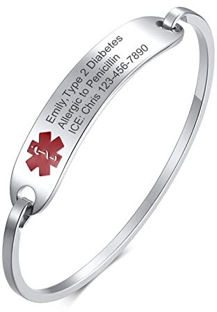 VNOX Pulsera de identificación médica personalizada, pulsera de alerta médica de acero inoxidable, pulsera médica de grabado gratis para hombres y mujeres