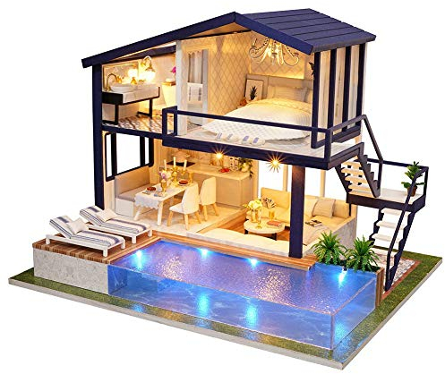 Kit Casa Bambole in Miniatura fai-da-te Casa Verde con Mobili e Ornamento Decorativo a LED per Bambini Piccoli(Senza parapolvere)