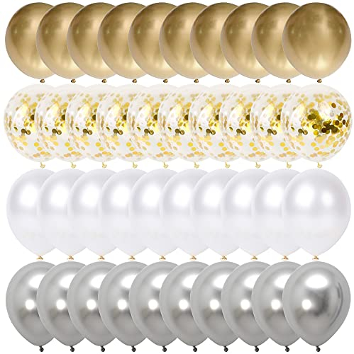 Luftballons Hochzeit Gold Silber Weiß SKYIOL Helium Ballons 50 Stück 30 cm Goldene Metallic Konfetti Ballons Helium Latex Ballons für Kinder Mädchen Geburtstag Baby Shower JGA ABI Party Dekoration