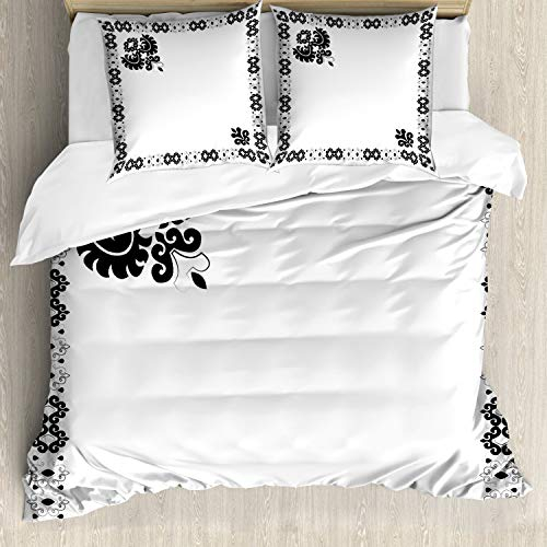ABAKUHAUS Türkisch-Muster Bettbezug Set, Oriental Rahmen, Milbensicher Allergiker geeignet mit Kissenbezügen, 200 cm x 200 cm - 80 x 80 cm, Schwarz-Weiss