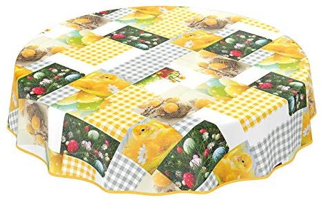 Wachstuchtischdecke abwaschbar Garten Tischdecke Wachstuch Rund Oval Eckig Indoor Outdoor Ostern Osterei Karo Küken Rund 140cm mit Saum - Eingefasst