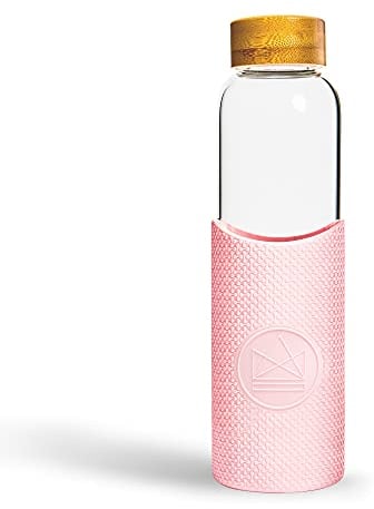 Neon Kactus - Bouteille en verre borosilicate soufflé à la main avec couvercle en bambou, bouteille d'eau revêtement silicone qualité alimentaire, Gourde réutilisable sans plastique et étanche 550ml