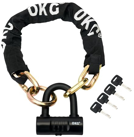 OKG Heavy Duty Bike Chain Lock & Motorcycle Chain Lock, 8 lbs, 2.6ft x 15/32 inch Thick Cut Proof Security Chain Combo 16mm U Shackle Disk Lock, Ideal for Bicycles, Motorcycles, Mopeds and Scooters