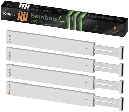 Kamoro Schubladenteiler aus natürlichem Bambus [4er-Set] - Mit Feder für festen Halt und Möbelschonende Enden - Verstellbarer Schubladen-Organizer zwischen 44 und 56 cm - Weiß