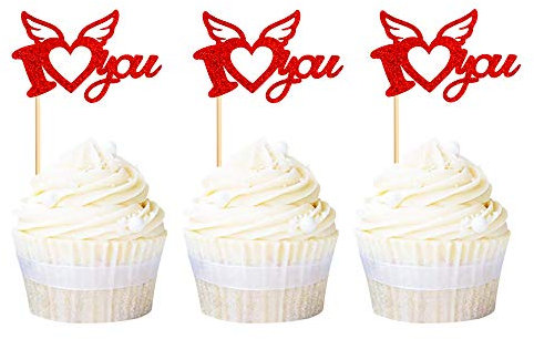 Ercadio 36 Pack I Love You Cupcake Toppers Red Glitter Wedding Engagement Cupcake Picks Bridal Shower Birthday Valentine's Day Party Cake Decorations Supplies