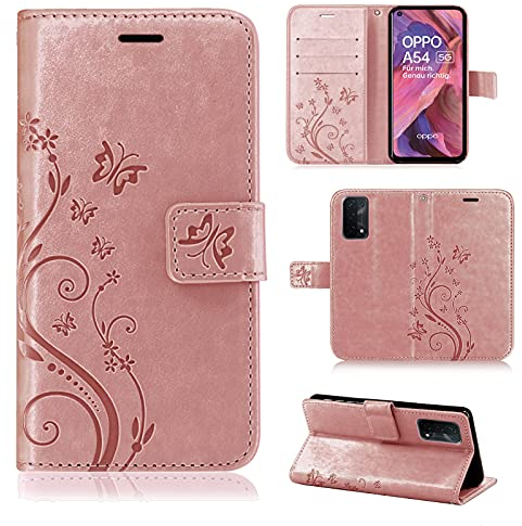 betterfon Hülle Kompatibel mit Oppo A54 5G / A74 5G | Premium PU Leder Handyhülle Wallet Case für A54 5G / A74 5G | Schutzhülle Blumen Klapphülle Handyhülle | Rosegold