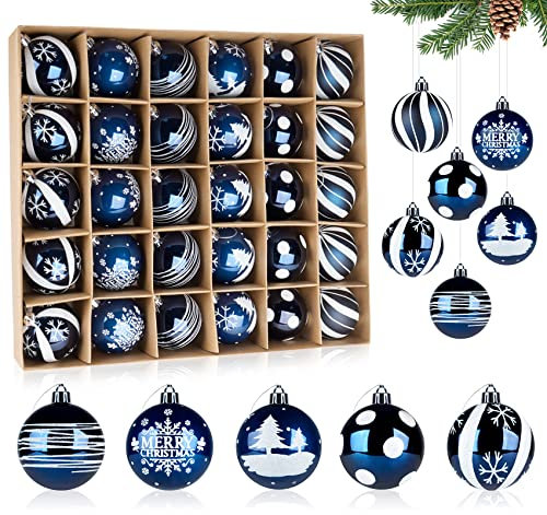 Navy Baubles for Christmas Tree, 30Pcs Blue White Christmas Tree Baubles, 6cm Shatterproof Plastic Xmas Decorations Balls, 6 Designs Hanging Balls Pendants with Silver Rope