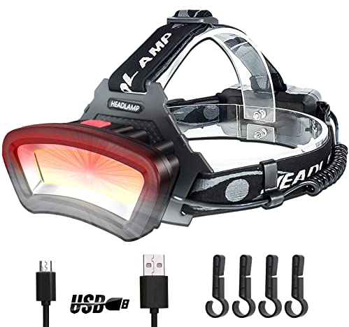 DBSOOSC Rechargeable Headlamp Helmet Hard Hat Light Head Torches LED Super Bright, Head Torch Red Light USB Outdoor Work Light COB Battery Powered, Car Maintenance, Night Construction, 7-14H Working
