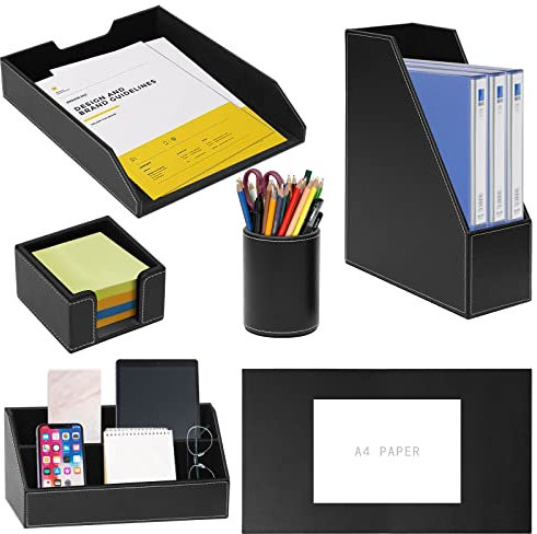 Bürobedarf/Schreibtisch-Organizer-Set mit Leder-Schreibblock, Aktenablage, Zeitschriftenordner, Stifthalter, Haftnotizhalter, Briefbriefsortierer, Arbeitsplatzdekoration für Damen und Herren, Schwarz,