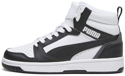 PUMA Unisex Kinder Rebound V6 Mid Jr Sneaker, Puma White Puma Black Shadow Gray, 36 EU