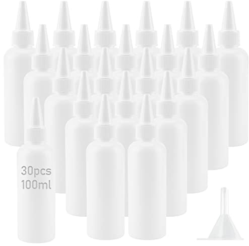 ZEONHEI 30 Pcs 100ml Small Squeeze Bottles, Empty Squeeze Condiment Bottles with Nozzles and 30 Funnels, Plastic Dropper Bottle Dispensing Bottles for Ketchup, Sauces, Craft Lotion