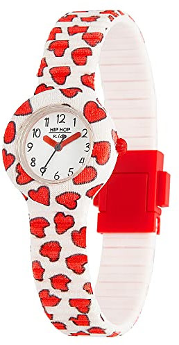 Hip Hop, Collezione Happy Love, Orologio Bambina, con Cinturino in Silicone Intercambiabile, Pratica Chiusura, Lunetta Bianca, Numeri Neri, Cassa 28 mm, Movimento al Quarzo, Bianco con Cuoricini Rossi