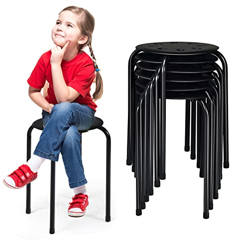 HONEY JOY 6 Pack Stackable Stool, 17.5” Kids Stacking Decoration Stool Set w/Metal Frame & Plastic Seat, Backless Round Flexible Seating for Children's Table, School, Classroom(6 Piece, Black)