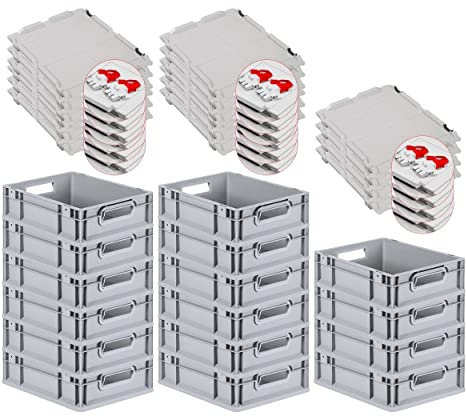PROREGAL SuperSparSet 16x Eurobox NextGen Grip mit Scharnierdeckel und roten Schiebeschnappverschlüssen, HxBxT 12x30x40cm, 11 L, Grau, Griffe offen, Eurobehälter, Transportbox