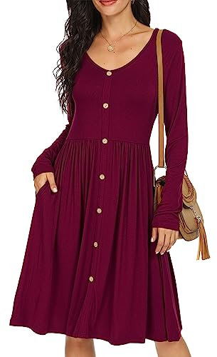 GRECERELLE Womens Long Sleeve Casual Plain Swing Dresses Button Down A-Line Midi Short T-Shirt Dress with Pockets (Wine Red, M)