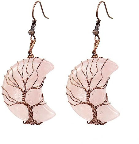 Orecchini Donna,Orecchini Pendenti in Quarzo Rosa Vintage con Pendente A Mezzaluna Avvolgente in Filo Orecchini Pendenti con Gancio Guarigione Cristallo Reiki Equilibrio Chakra Gioielli Regalo per R
