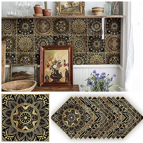 Alwayspon 24PcsX15cm/6inch Mandala Vinyl Wall Tile Sticker Transfer, Waterproof Sticky Back Tile Sticker for Kitchen Bathroom Self-adhesive Peel and Stick PVC Stick on Tile, Black Gold T64
