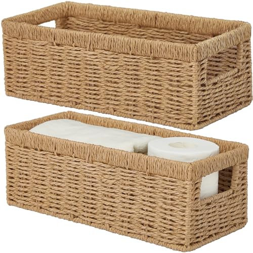 Vagusicc Wicker Storage Basket, Paper Rope Wicker Baskets with Handles, Toilet Paper Basket for Toilet Tank Top, Small Wicker Baskets for Organizing Shelves, 2-Pack, Natural